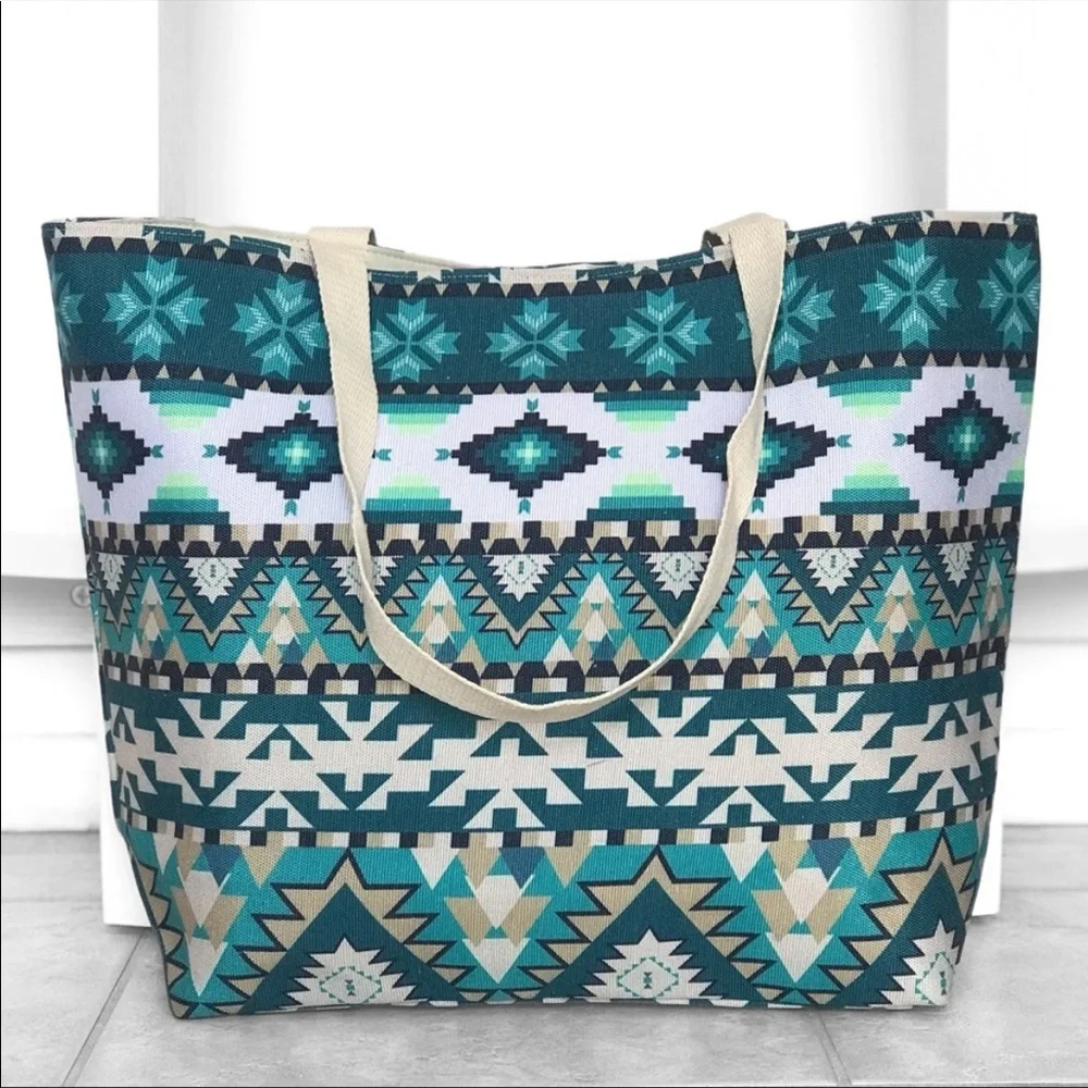 Aztec Print Green Blue Teal Summer Tote Bag - Picture 2 of 8